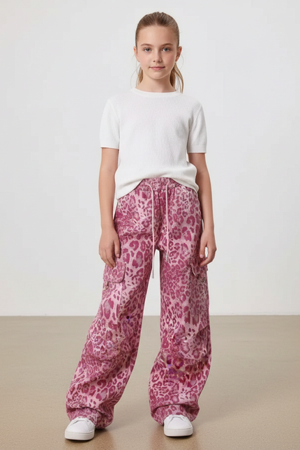 Pantalon Léopard Rose Ample Cargo Imprimé Fille - Coton