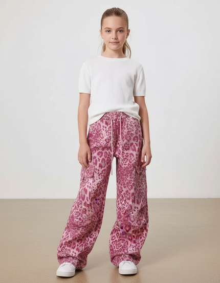 Pantalon Léopard Rose Ample Cargo Imprimé Fille - Coton