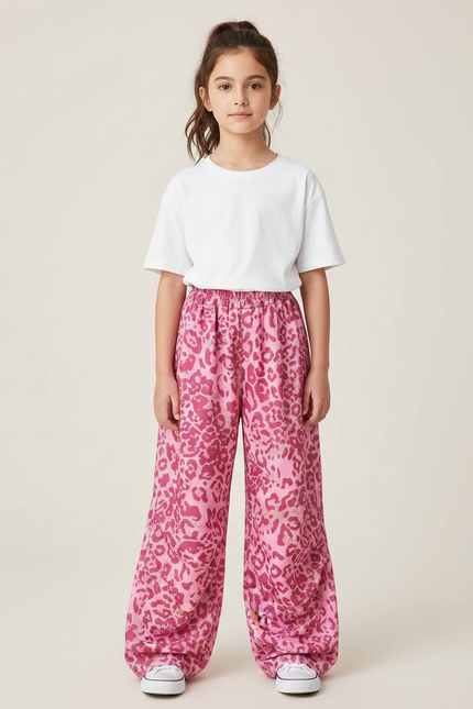 Pantalon Léopard Rose Ample Imprimé Fille Décontracté - Viscose