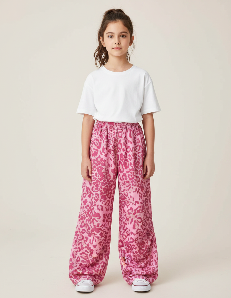 Pantalon Léopard Rose Ample Imprimé Fille Décontracté - Viscose