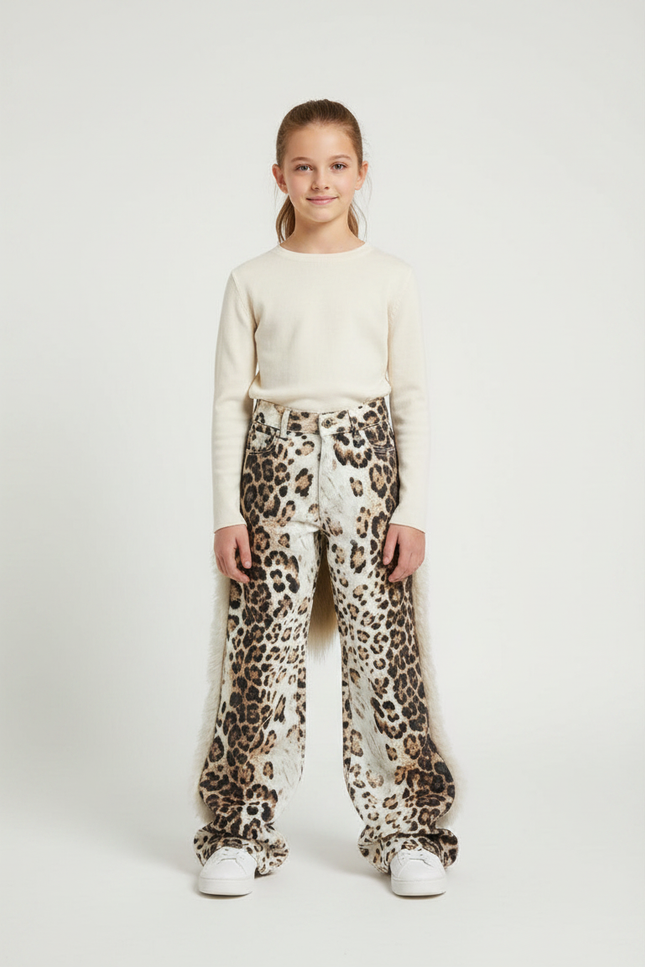 Pantalon Léopard Denim Ample Imprimé Fourrure - Jean