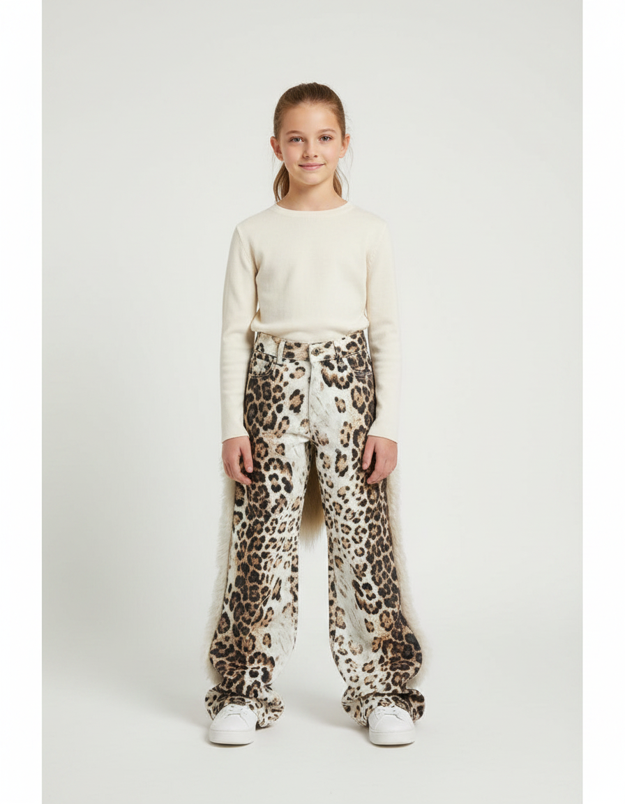 Pantalon Léopard Denim Ample Imprimé Fourrure - Jean