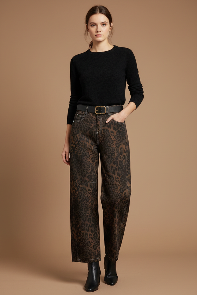 Pantalon Léopard Marron Imprimé Ample Denim Large - Jean
