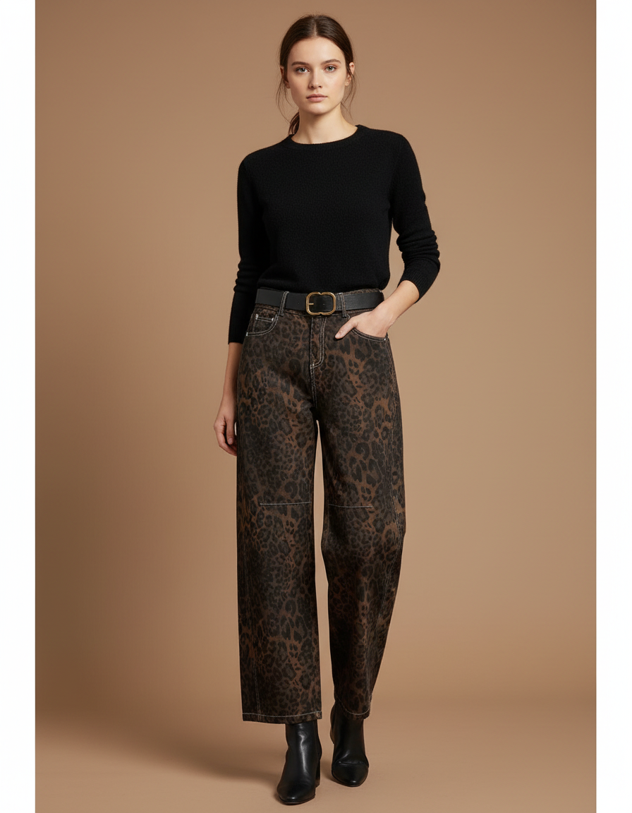 Pantalon Léopard Marron Imprimé Ample Denim Large - Jean