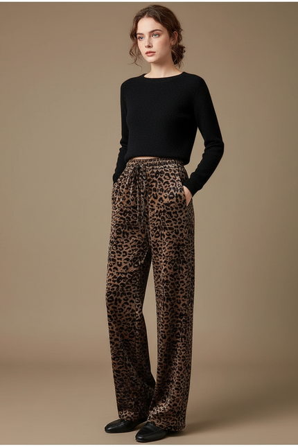 Pantalon Léopard Velours Imprimé Ample Marron Décontracté