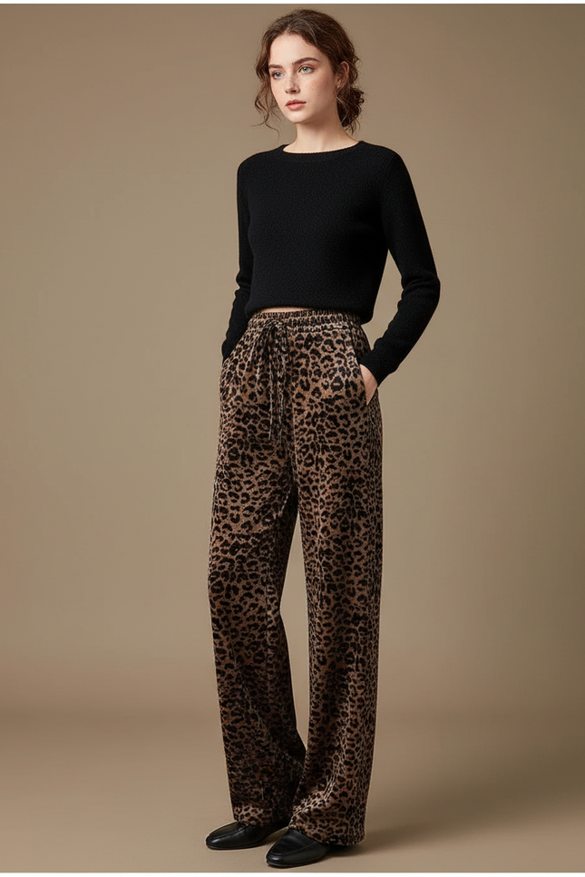 Pantalon Léopard Velours Imprimé Ample Marron Décontracté