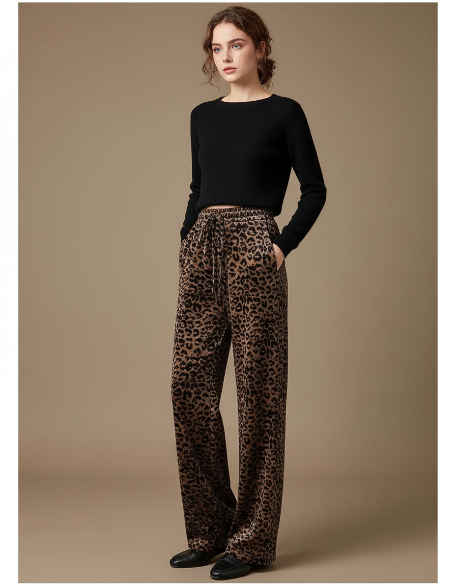 Pantalon Léopard Velours Imprimé Ample Marron Décontracté