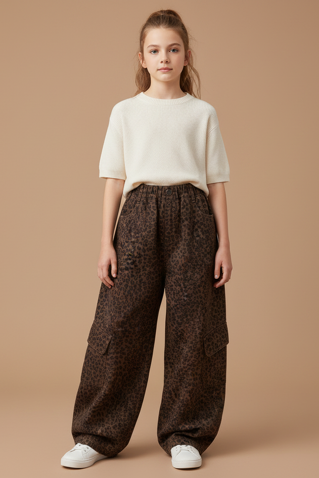 Pantalon Léopard Marron Cargo Ample Fille - Molleton