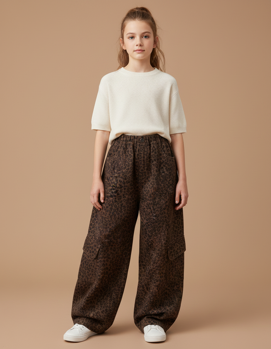 Pantalon Léopard Marron Cargo Ample Fille - Molleton