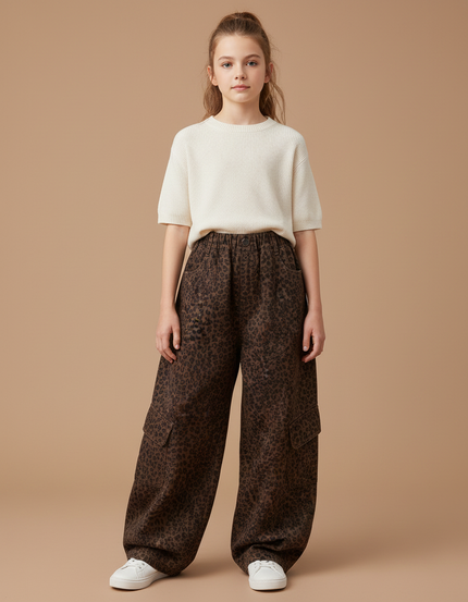 Pantalon Léopard Marron Cargo Ample Fille - Molleton