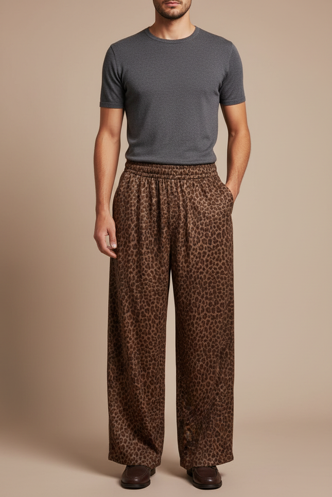 Pantalon Léopard Marron Ample Imprimé Homme Fluide - Satin
