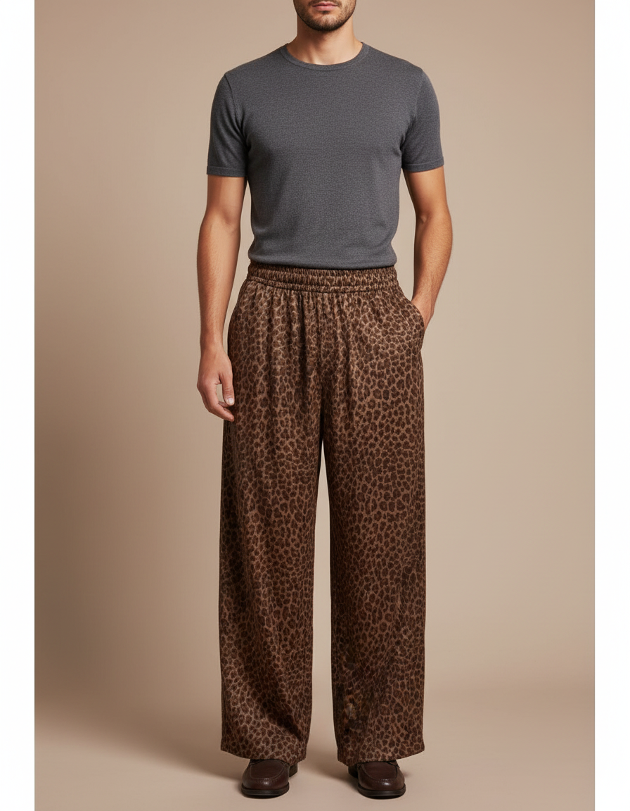 Pantalon Léopard Marron Ample Imprimé Homme Fluide - Satin