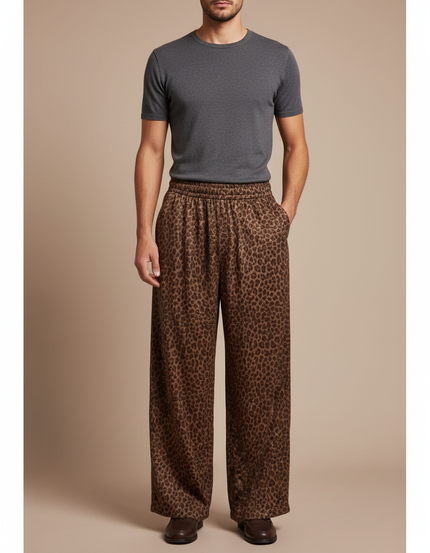 Pantalon Léopard Marron Ample Imprimé Homme Fluide - Satin