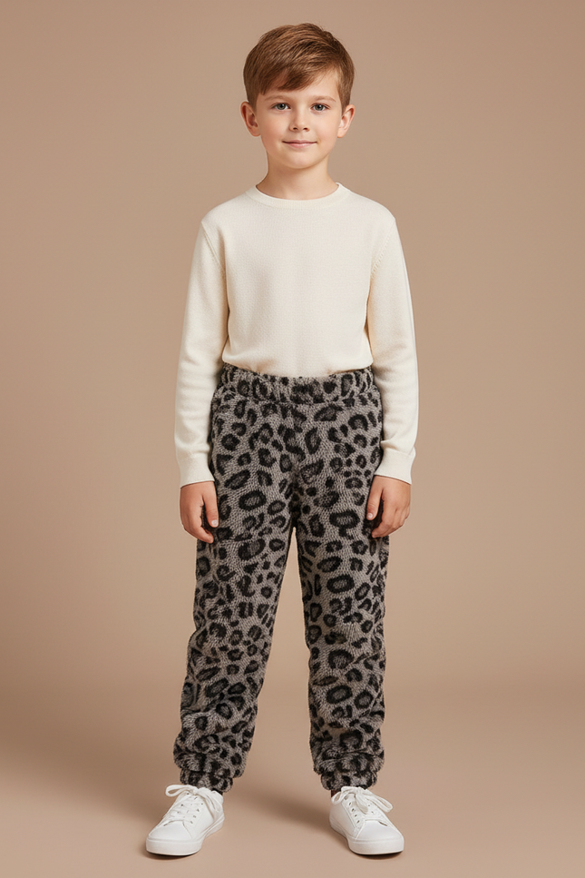 Pantalon Léopard Enfant Gris Imprimé Molletonné Ample