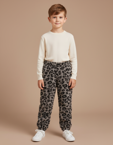 Pantalon Léopard Enfant Gris Imprimé Molletonné Ample