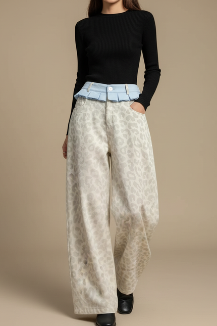 Pantalon Léopard Écru Imprimé Ample Taille Haute - Beige Jean