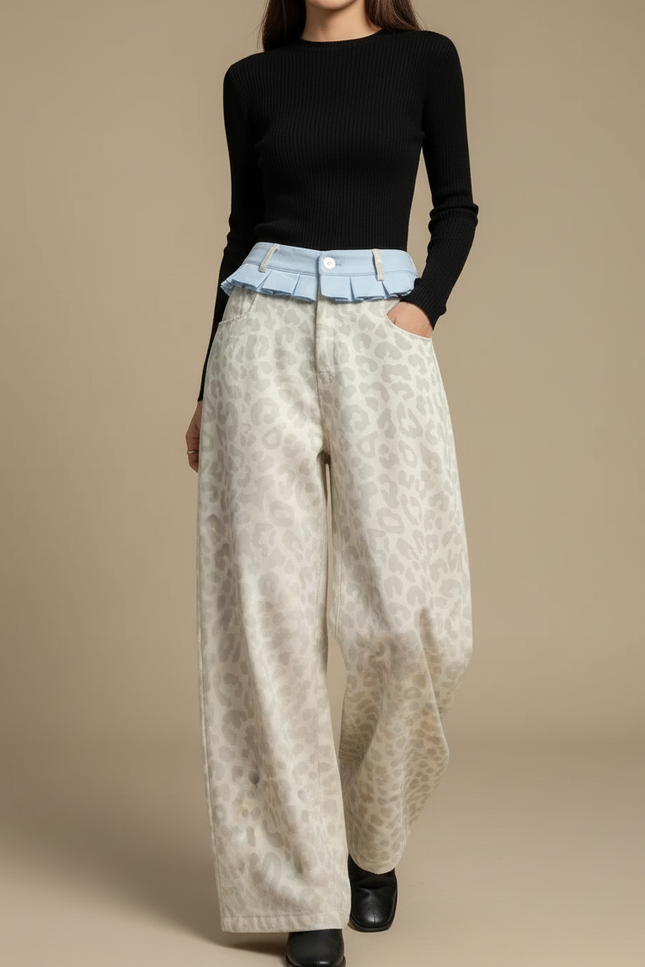 Pantalon Léopard Écru Imprimé Ample Taille Haute - Beige Jean