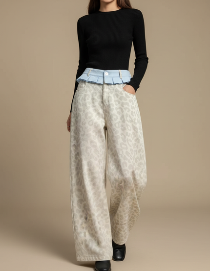 Pantalon Léopard Écru Imprimé Ample Taille Haute - Beige Jean