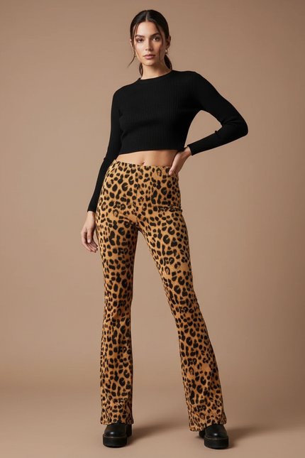 Pantalon Léopard Évasé Imprimé Taille Haute Femme - Maille