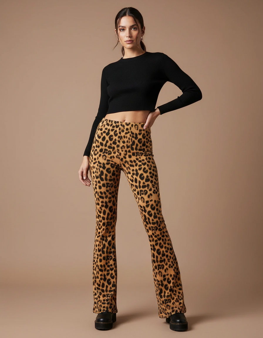 Pantalon Léopard Évasé Imprimé Taille Haute Femme - Maille