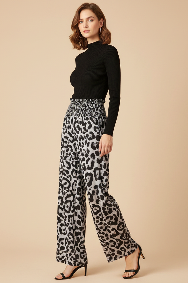 Pantalon Léopard Ample Imprimé Gris Fluide Femme - Viscose