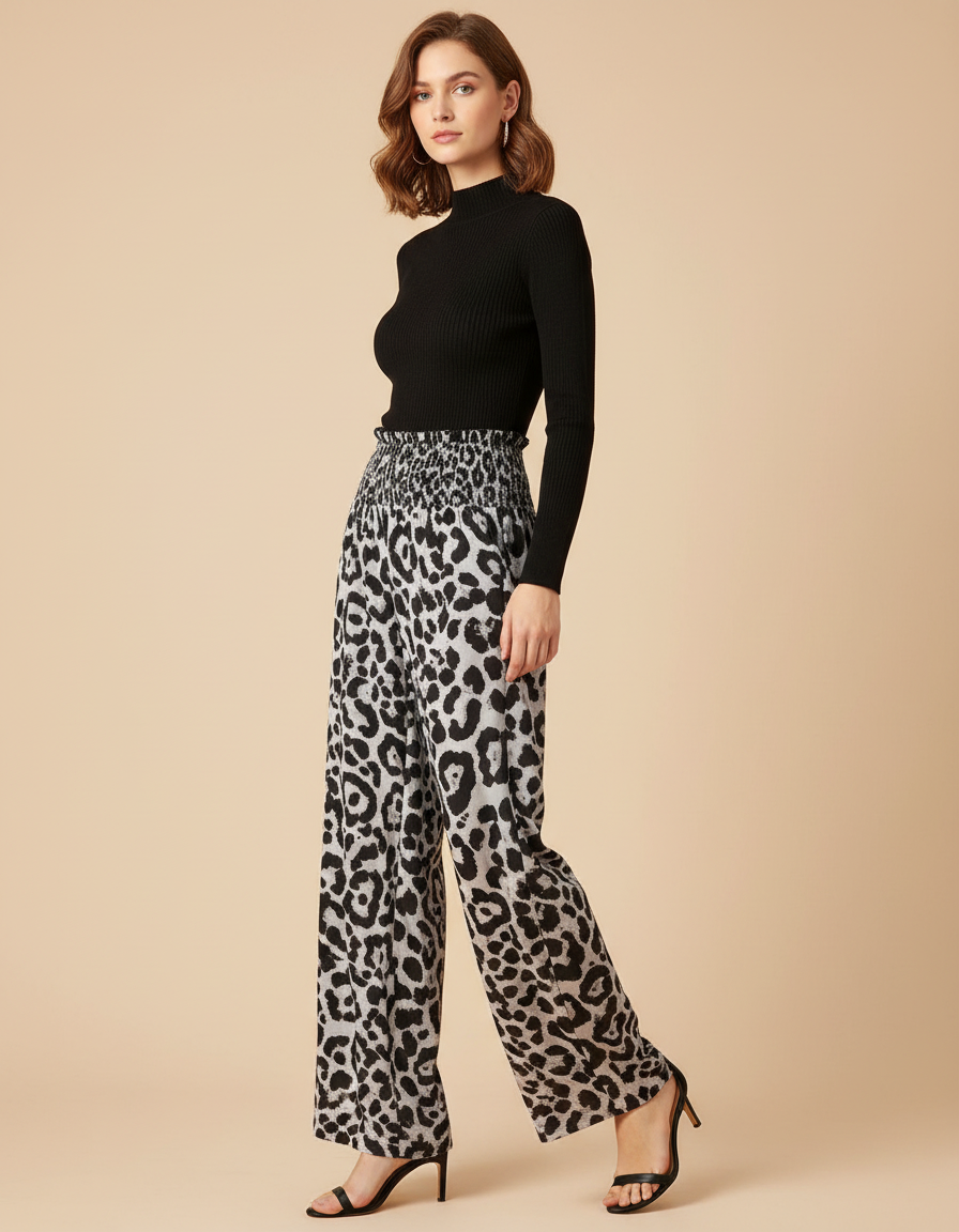 Pantalon Léopard Ample Imprimé Gris Fluide Femme - Viscose