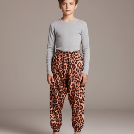 Pantalon Léopard Marron Ample Imprimé Enfant Confortable - Molleton