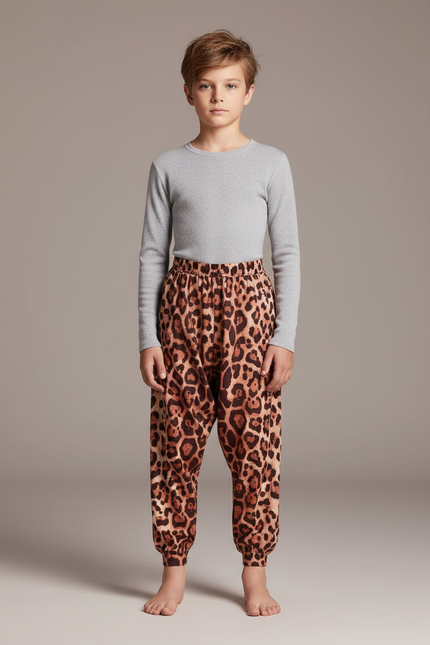 Pantalon Léopard Marron Ample Imprimé Enfant Confortable - Molleton