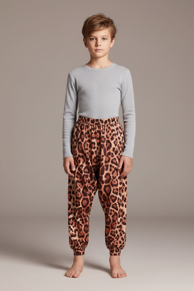 Pantalon Léopard Marron Ample Imprimé Enfant Confortable - Molleton