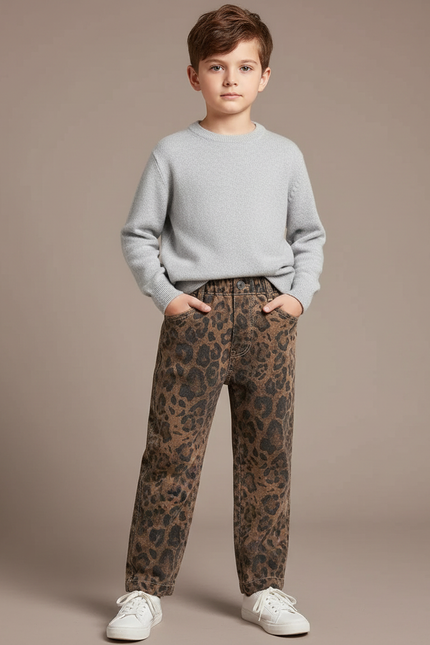 Pantalon Léopard Enfant Denim Ample Marron Imprimé - Jean