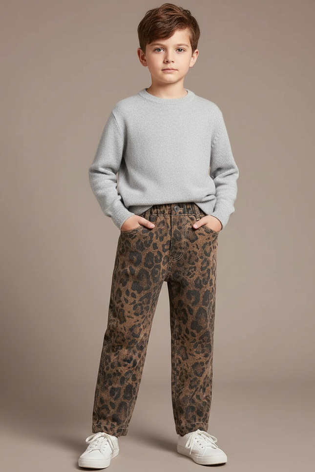 Pantalon Léopard Enfant Denim Ample Marron Imprimé - Jean