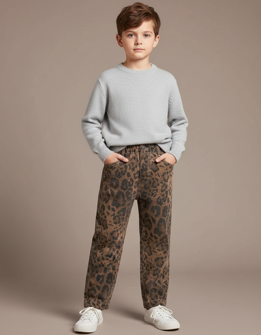 Pantalon Léopard Enfant Denim Ample Marron Imprimé - Jean