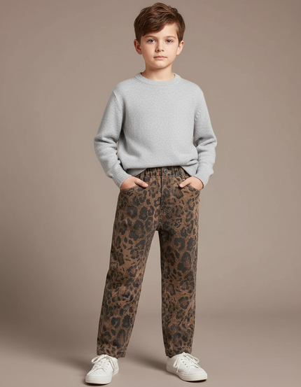 Pantalon Léopard Enfant Denim Ample Marron Imprimé - Jean