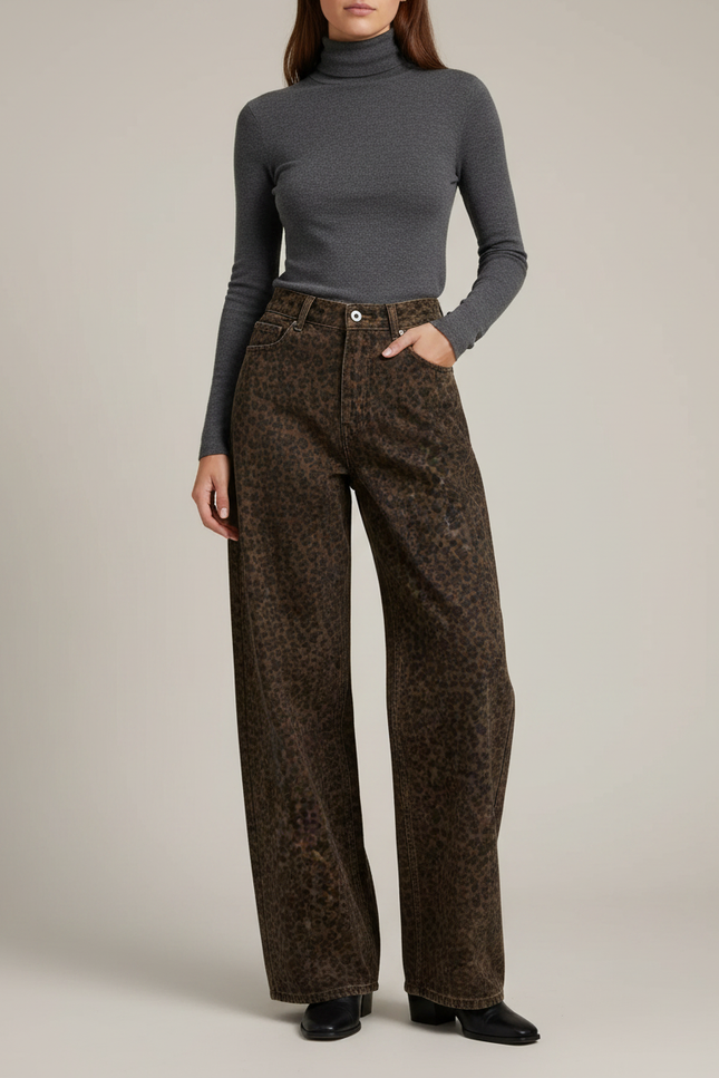 Pantalon Léopard Marron Ample Streetwear Denim Femme - Jean