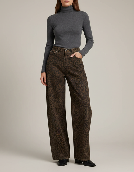 Pantalon Léopard Marron Ample Streetwear Denim Femme - Jean