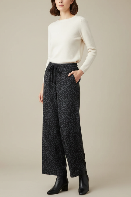Pantalon Léopard Gris Foncé Large Molletonné Décontracté - Imprimé