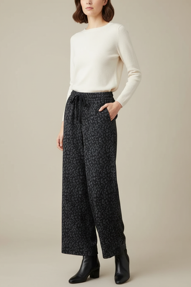 Pantalon Léopard Gris Foncé Large Molletonné Décontracté - Imprimé