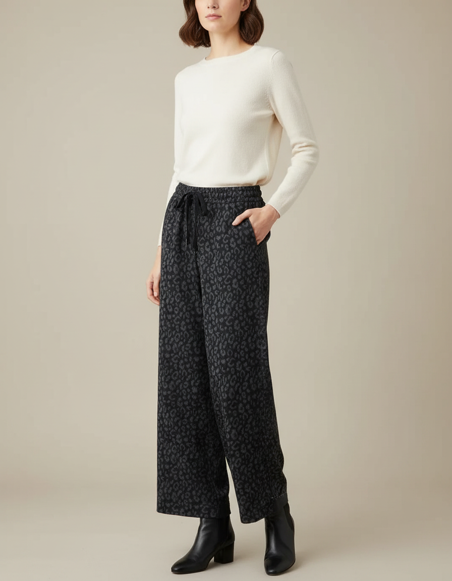 Pantalon Léopard Gris Foncé Large Molletonné Décontracté - Imprimé