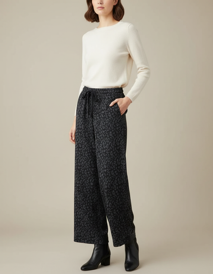 Pantalon Léopard Gris Foncé Large Molletonné Décontracté - Imprimé