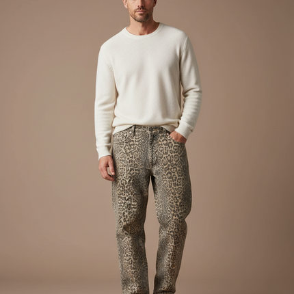 Pantalon Léopard Ample Imprimé Marron Décontracté Denim - Jean