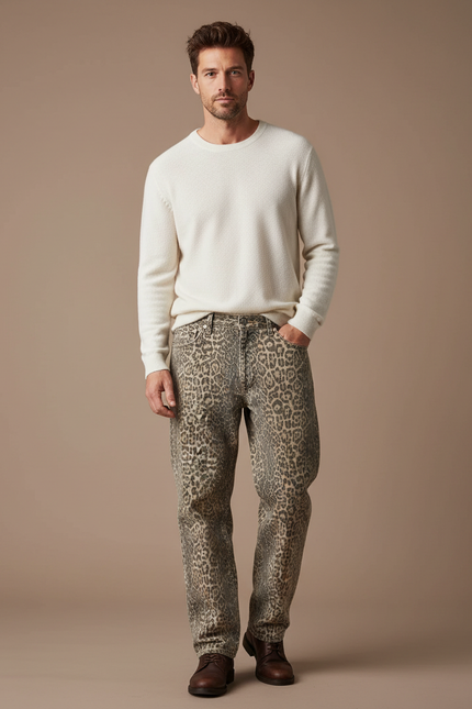 Pantalon Léopard Ample Imprimé Marron Décontracté Denim - Jean