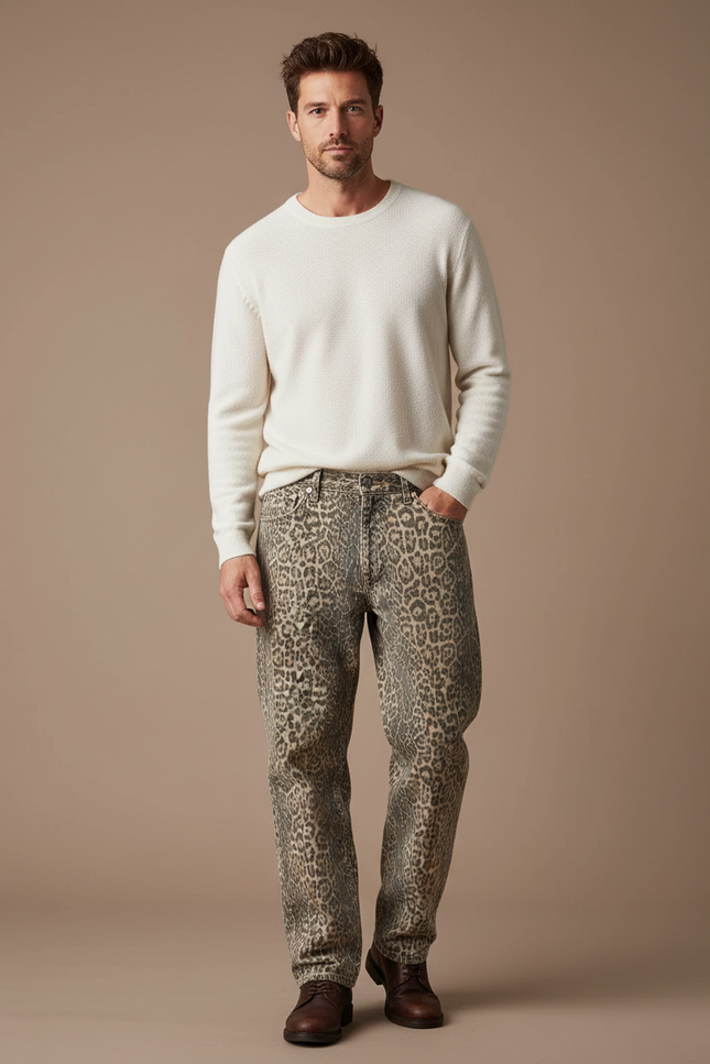 Pantalon Léopard Ample Imprimé Marron Décontracté Denim - Jean