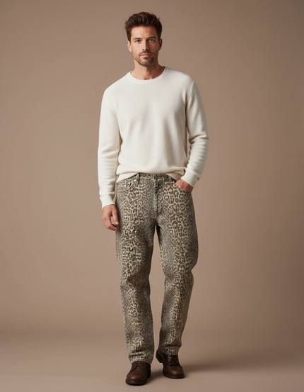 Pantalon Léopard Ample Imprimé Marron Décontracté Denim - Jean