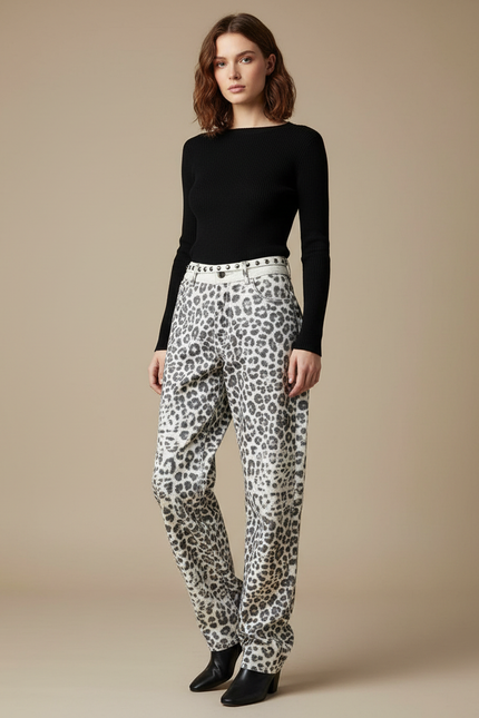 Pantalon Léopard Gris Délavé Ample Clouté Femme - Jean