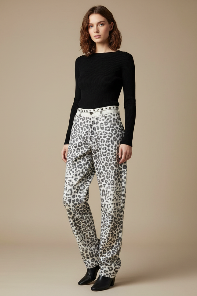 Pantalon Léopard Gris Délavé Ample Clouté Femme - Jean