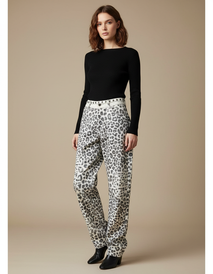 Pantalon Léopard Gris Délavé Ample Clouté Femme - Jean