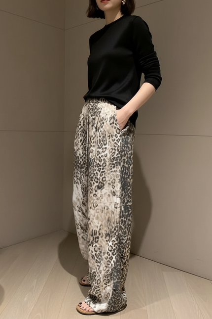Pantalon Léopard Fluide Ample Imprimé Animal Décontracté - Viscose