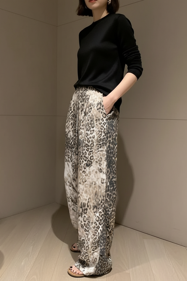 Pantalon Léopard Fluide Ample Imprimé Animal Décontracté - Viscose