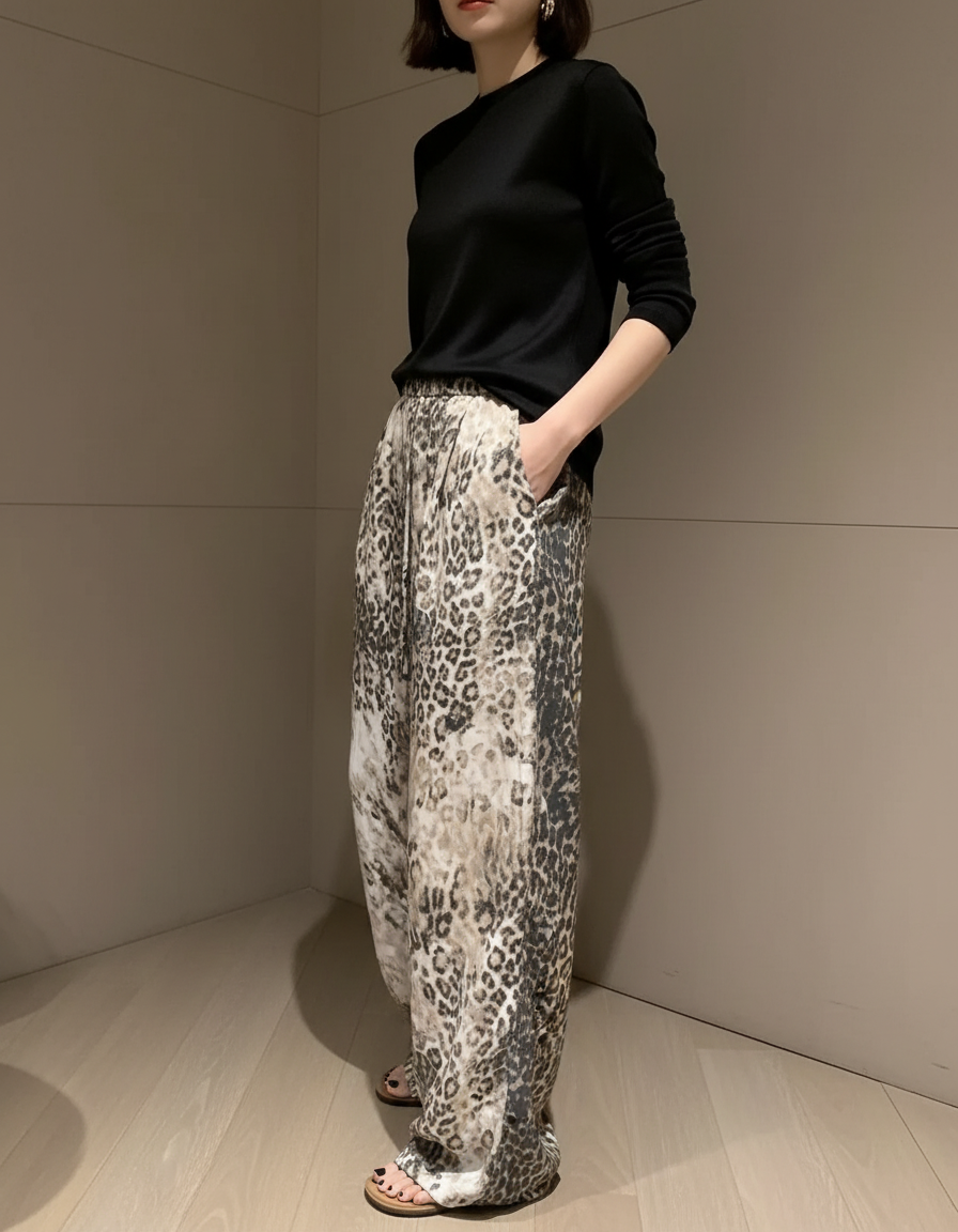 Pantalon Léopard Fluide Ample Imprimé Animal Décontracté - Viscose