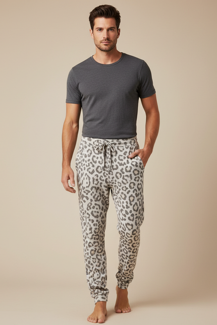 Pantalon Léopard Homme Jogging Imprimé Gris Décontracté Confortable - Molleton